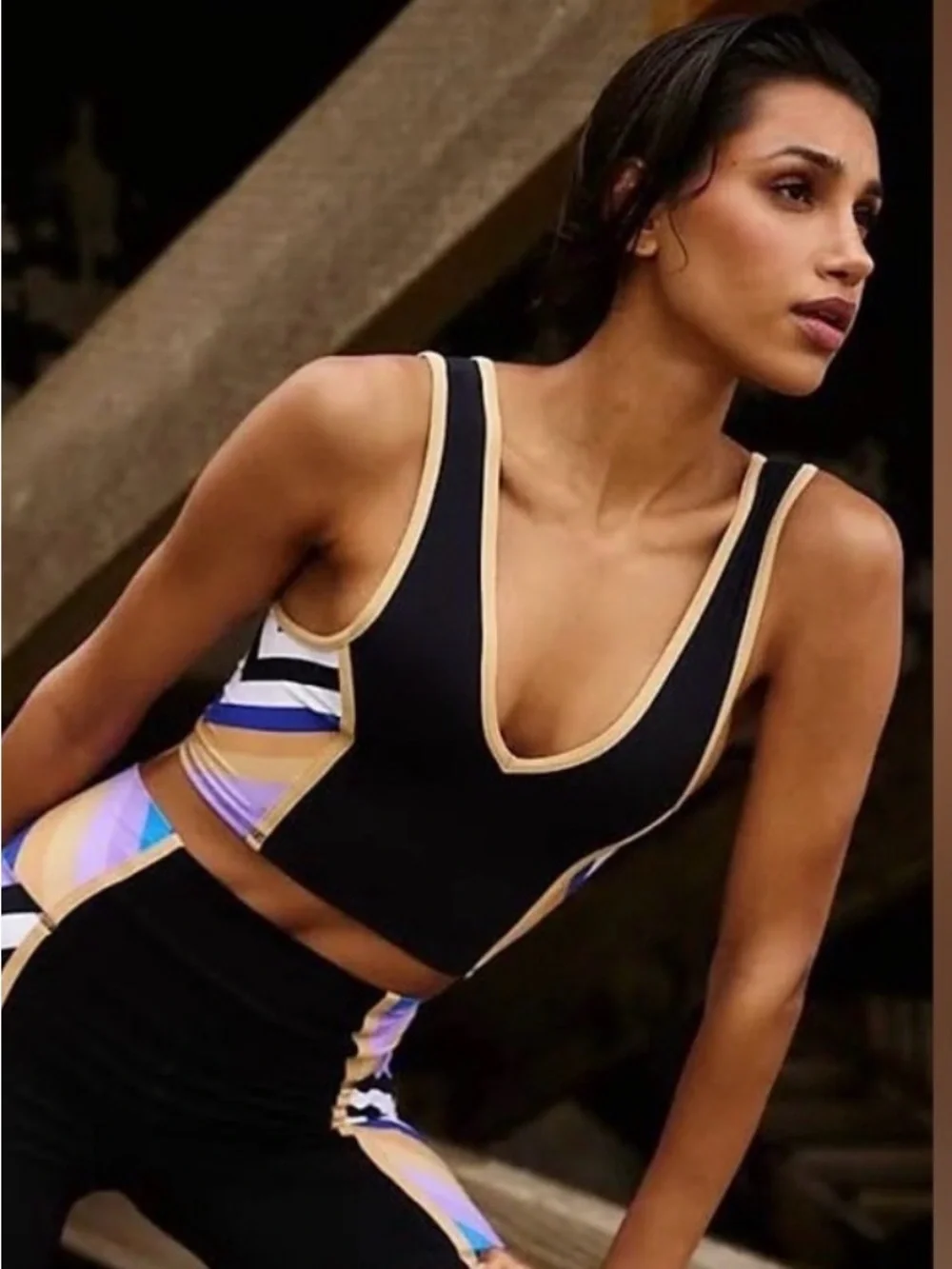 Free People Black Crop Top with Beige Trim and Multicolor Side Panels S